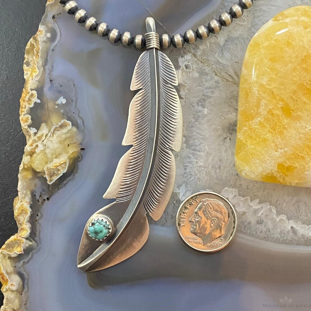 Billy Long Native American Sterling Oxidized Feather w/Turquoise Unisex Pendant - Picture 8 of 10